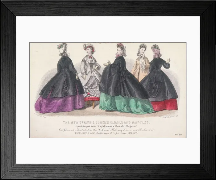 Framed Print : Five women wearing spring and summer coats and mantles, 1864 Framed Print : Five women wearing spring and summer coats and mantles, 1864