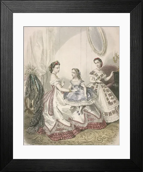 Framed Print : Two women and a small girl wearing the latest indoor fashions, c1860 Framed Print : Two women and a small girl wearing the latest indoor fashions, c1860