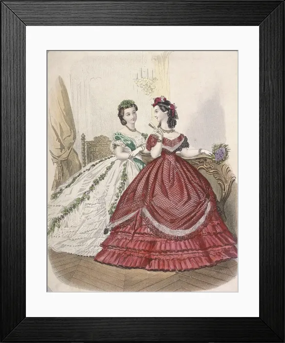 Framed Print : Two women wearing the latest indoor fashions, c1850 Framed Print : Two women wearing the latest indoor fashions, c1850