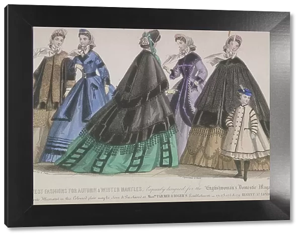 Five women and a child wearing the latest autumn and winter fashions, 1864