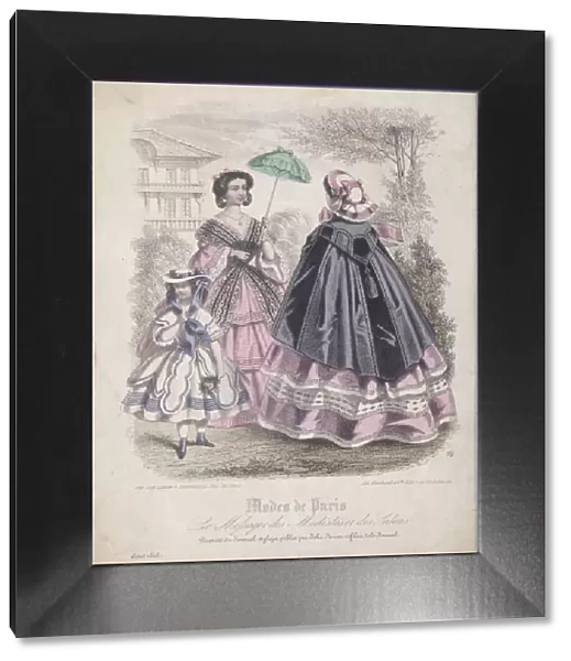 Two women and a child wearing the latest fashions in a garden setting, 1858
