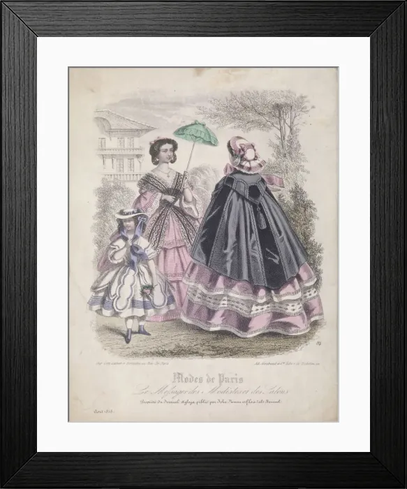 Framed Print : Two women and a child wearing the latest fashions in a garden setting, 1858 Framed Print : Two women and a child wearing the latest fashions in a garden setting, 1858