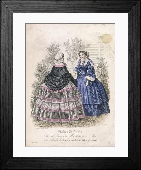 Framed Print : Two women wearing the latest fashions in a garden setting, 1858 Framed Print : Two women wearing the latest fashions in a garden setting, 1858
