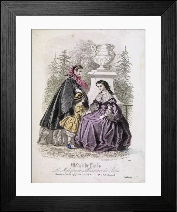 Framed Print : Two women and a child wearing the latest fashions in a garden setting, 1858 Framed Print : Two women and a child wearing the latest fashions in a garden setting, 1858