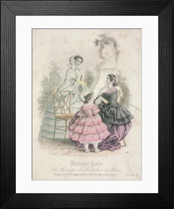 Framed Print : Two women and a child wearing the latest fashions in a garden setting, 1858 Framed Print : Two women and a child wearing the latest fashions in a garden setting, 1858
