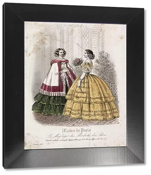 Two women wearing the latest fashions, 1858