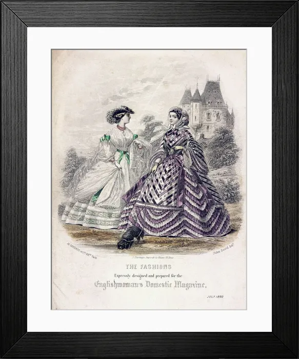 Framed Print : Two women wearing the latest fashions in an outdoor setting, 1860 Framed Print : Two women wearing the latest fashions in an outdoor setting, 1860