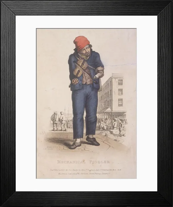 Framed Print : Fiddler with a prosthetic arm, with a market in the background, 1820