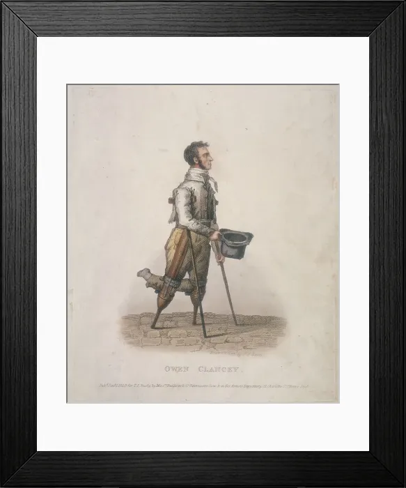 Framed Print : Owen Clancy, begging with his hat in hand, on crutches and with devices strapped to his legs, 1820 Framed Print : Owen Clancy, begging with his hat in hand, on crutches and with devices strapped to his legs, 1820