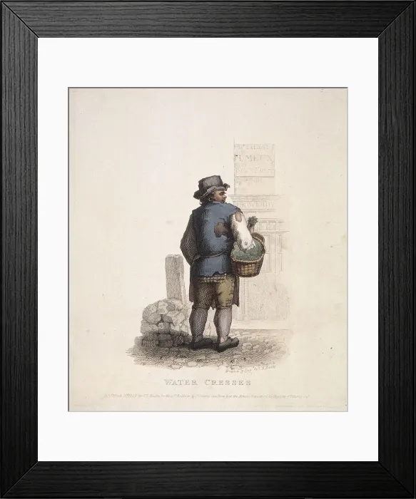 Framed Print : Watercress seller with a basket on his arm, 1820. Artist: Thomas Lord Busby Framed Print : Watercress seller with a basket on his arm, 1820. Artist: Thomas Lord Busby