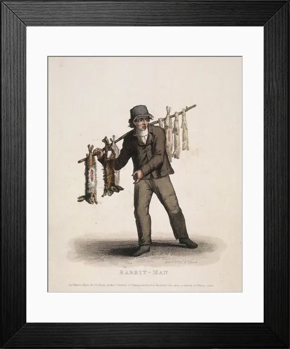 Framed Print : Rabbit seller carrying a pole hung with rabbits, 1820. Artist: Thomas Lord Busby Framed Print : Rabbit seller carrying a pole hung with rabbits, 1820. Artist: Thomas Lord Busby