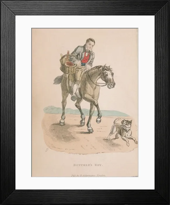 Framed Print : Butchers boy riding a horse accompanied by a dog running ahead, carrying a basket of meat, c1830 Framed Print : Butchers boy riding a horse accompanied by a dog running ahead, carrying a basket of meat, c1830