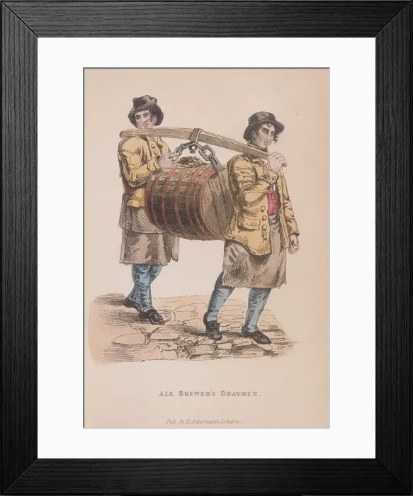 Framed Print : Two ale brewers draymen carrying a barrel between them, c1830 Framed Print : Two ale brewers draymen carrying a barrel between them, c1830