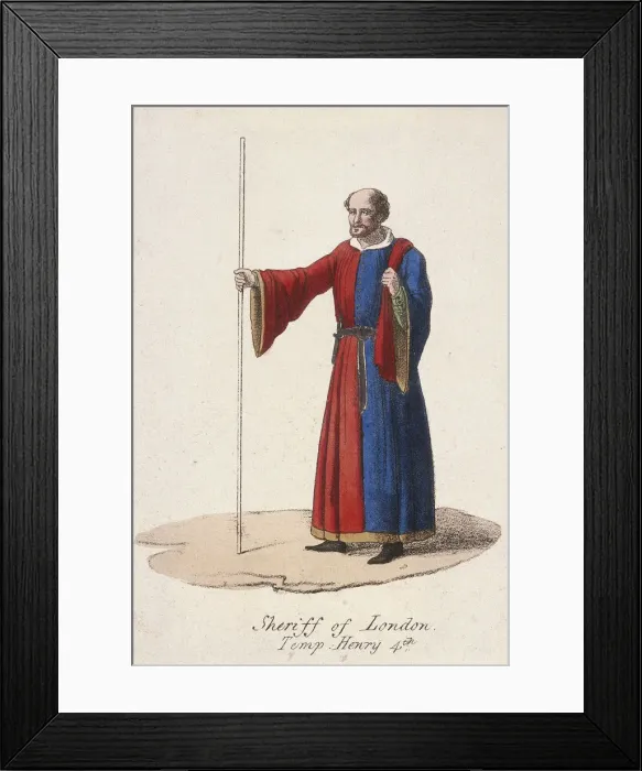 Framed Print : A Sheriff of London, dressed in early fifteenth century civic costume and holding a staff, c1830 Framed Print : A Sheriff of London, dressed in early fifteenth century civic costume and holding a staff, c1830