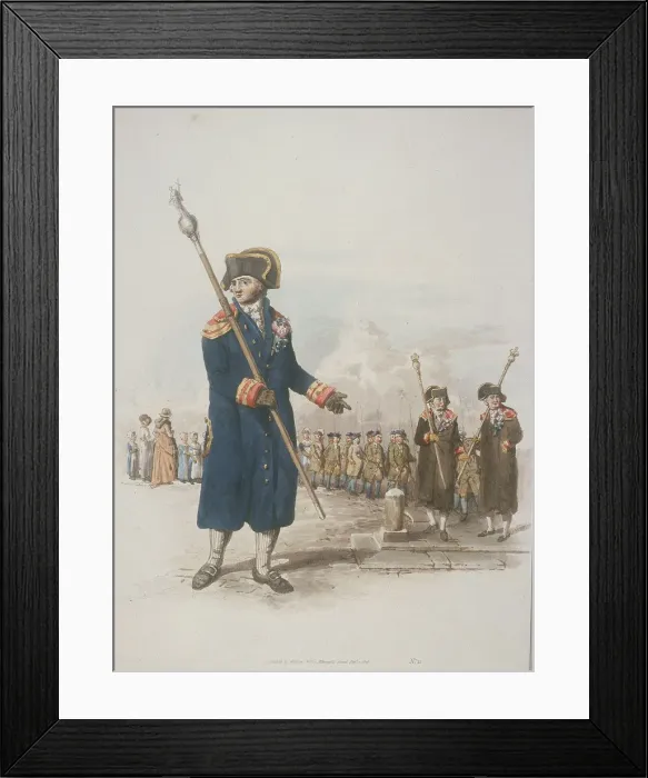 Framed Print : Parish Beadle in civic costume holding a staff, 1805. Artist: William Henry Pyne Framed Print : Parish Beadle in civic costume holding a staff, 1805. Artist: William Henry Pyne