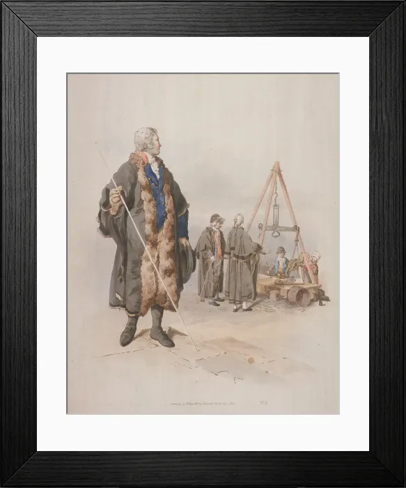 Framed Print : Ward Beadle in civic costume, holding a staff, at a Wardmote Inquest, 1805. Artist