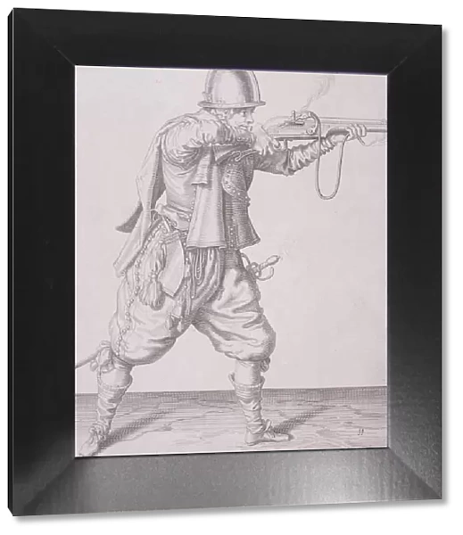 Figure in military clothing firing a musket and wearing a sword, 1607