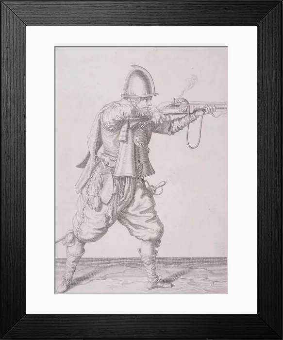 Framed Print : Figure in military clothing firing a musket and wearing a sword, 1607 Framed Print : Figure in military clothing firing a musket and wearing a sword, 1607