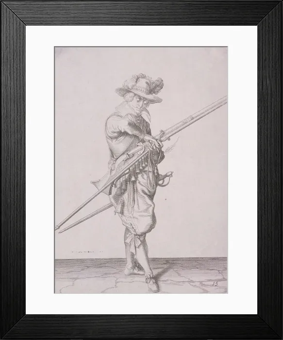 Framed Print : Figure in military clothing holding a musket and wearing a sword, 1607 Framed Print : Figure in military clothing holding a musket and wearing a sword, 1607