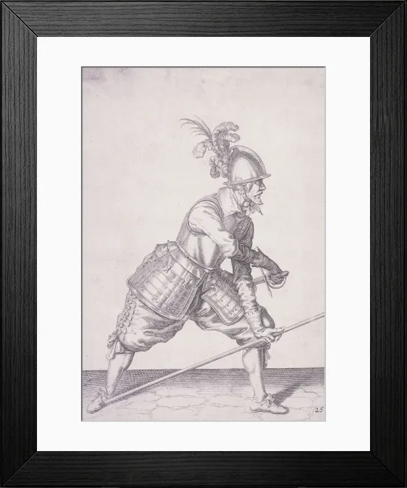 Framed Print : Figure in military clothing holding a pike in one hand and a sword in the other, 1607 Framed Print : Figure in military clothing holding a pike in one hand and a sword in the other, 1607