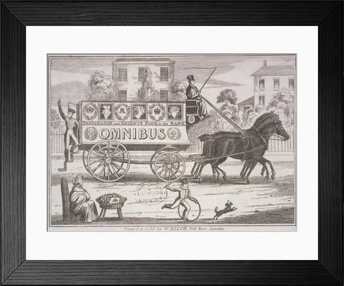 Framed Print : Shillibeers first omnibus drawn by three horses, London, c1830 Framed Print : Shillibeers first omnibus drawn by three horses, London, c1830