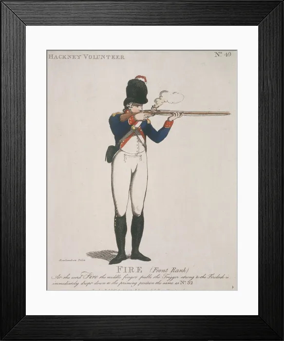 Framed Print : Hackney Volunteer firing a rifle, 1798 Framed Print : Hackney Volunteer firing a rifle, 1798