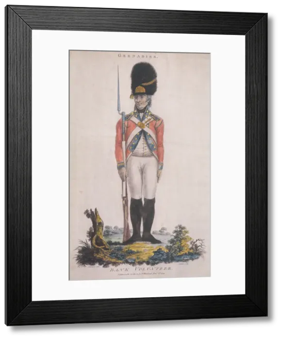 Framed Print : Grenadier in the Bank Volunteers, holding a rifle with a bayonet attached, 1799. Artist Framed Print : Grenadier in the Bank Volunteers, holding a rifle with a bayonet attached, 1799. Artist