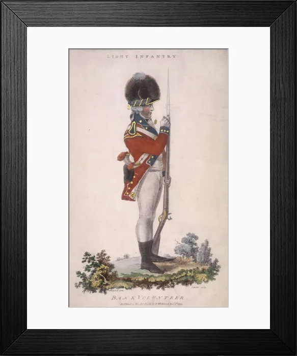 Framed Print : Member of the light infantry in the Bank Volunteers, holding a rifle with a bayonet attached, 1799 Framed Print : Member of the light infantry in the Bank Volunteers, holding a rifle with a bayonet attached, 1799