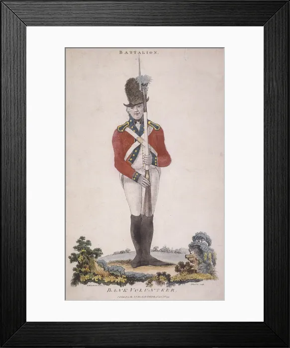 Framed Print : Member of the battalion in the Bank Volunteers, holding a rifle with a bayonet attached, 1799 Framed Print : Member of the battalion in the Bank Volunteers, holding a rifle with a bayonet attached, 1799