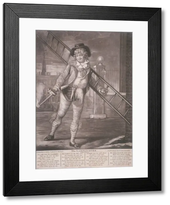 Framed Print : Lamplighter, 1790; with humorous text in the lower margin Framed Print : Lamplighter, 1790; with humorous text in the lower margin