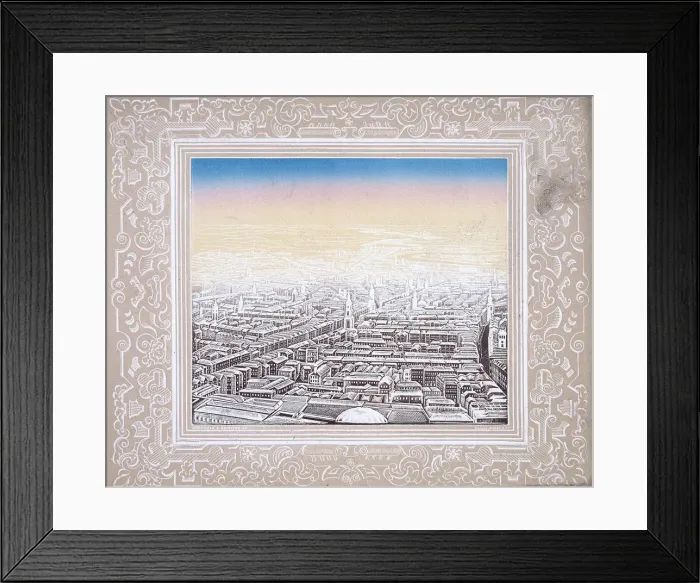 Framed Print : Aerial view of London framed in a decorative border, c1845. Artist: Kronheim & Co Framed Print : Aerial view of London framed in a decorative border, c1845. Artist: Kronheim & Co