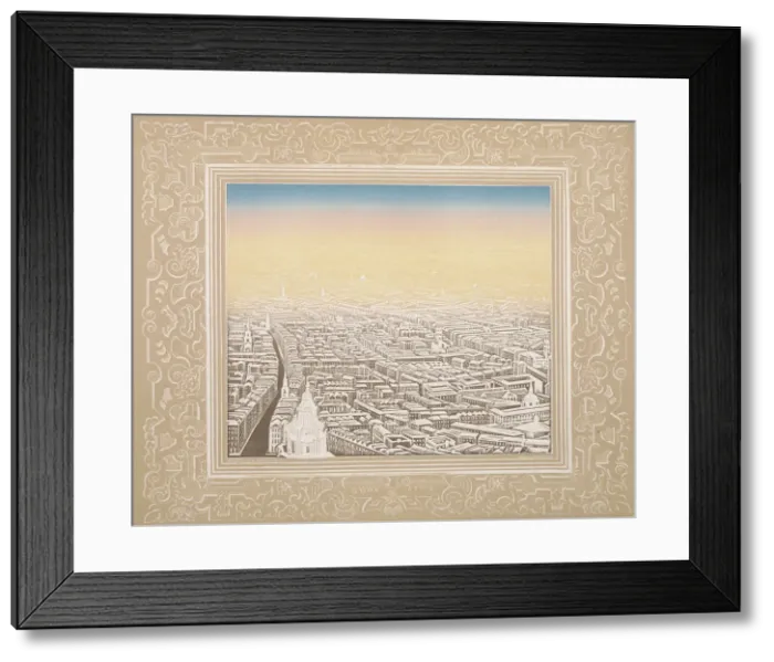 Framed Print : Aerial view of London framed in a decorative border, c1845. Artist: Kronheim & Co Framed Print : Aerial view of London framed in a decorative border, c1845. Artist: Kronheim & Co
