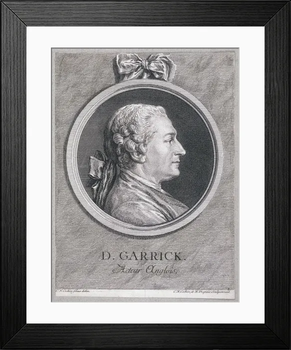 Framed Print : Oval portrait of the actor David Garrick wearing a short wig, with surround, c1780 Framed Print : Oval portrait of the actor David Garrick wearing a short wig, with surround, c1780