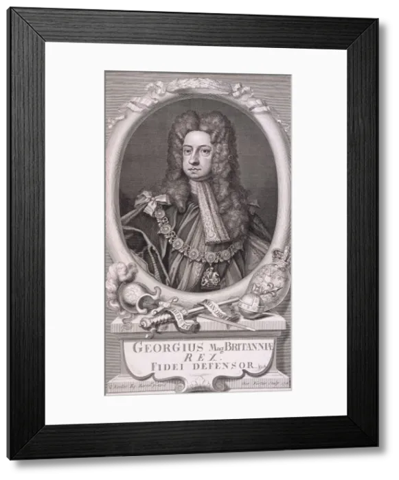 Framed Print : Oval portrait of George I, King of Great Britain, 1718. Artist: George Vertue Framed Print : Oval portrait of George I, King of Great Britain, 1718. Artist: George Vertue