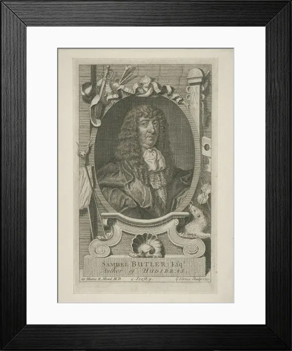 Framed Print : Samuel Butler in wig and robes, 1744. Artist: George Vertue Framed Print : Samuel Butler in wig and robes, 1744. Artist: George Vertue