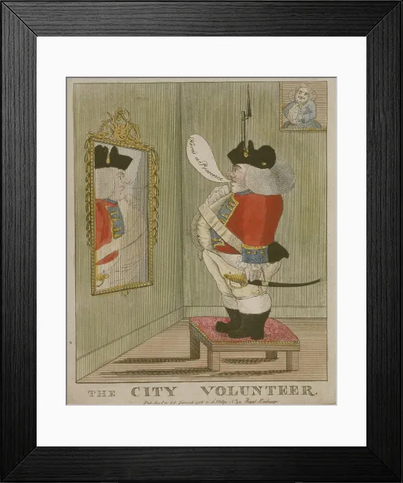 Framed Print : View of a portly City volunteer admiring himself in the mirror, 1785 Framed Print : View of a portly City volunteer admiring himself in the mirror, 1785