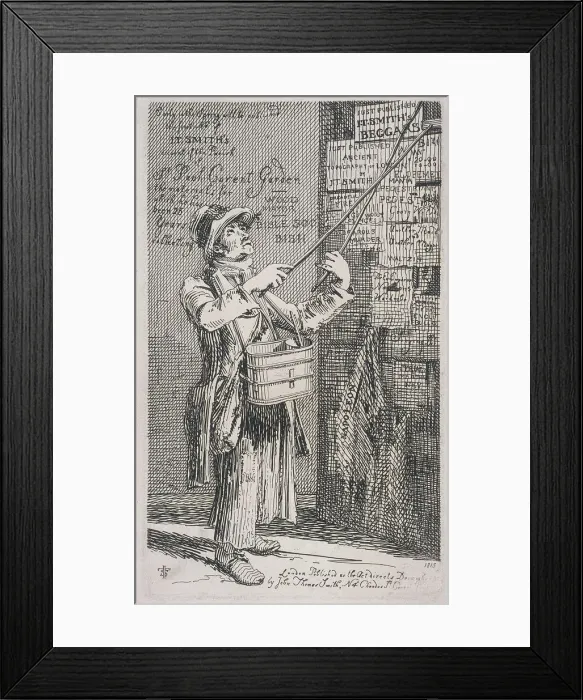 Framed Print : Billposter sticking bills up on a wall, 1815. Artist: John Thomas Smith Framed Print : Billposter sticking bills up on a wall, 1815. Artist: John Thomas Smith
