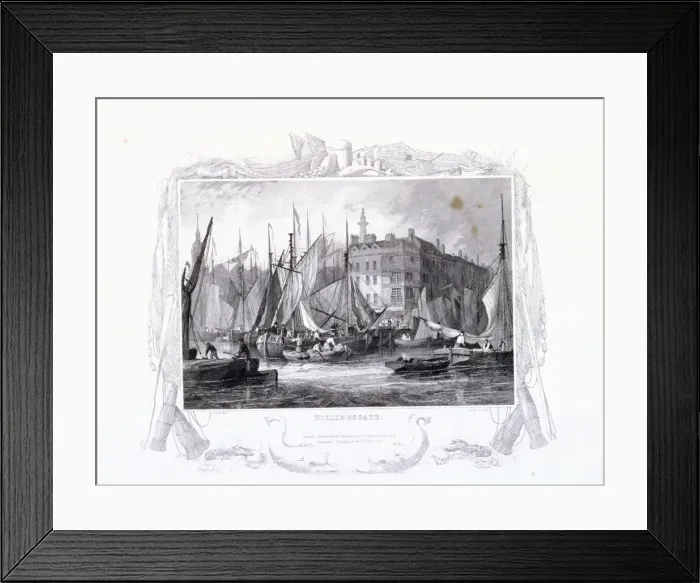 Framed Print : View of Billingsgate wharf with Three Tuns Public House, figures and boats, London, 1834 Framed Print : View of Billingsgate wharf with Three Tuns Public House, figures and boats, London, 1834