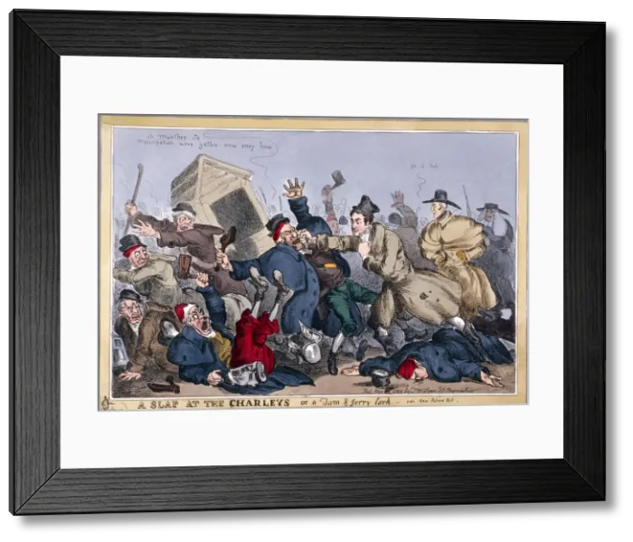 Framed Print : A slap at the Charleys or a Tom & Jerry lark, vide New Poliece Bill, 1829 Artist Framed Print : A slap at the Charleys or a Tom & Jerry lark, vide New Poliece Bill, 1829 Artist