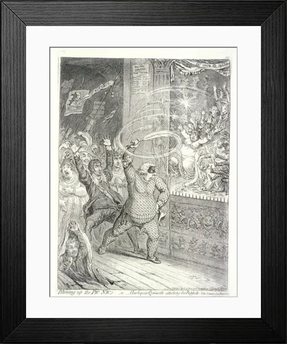 Framed Print : Blowing up the Pic Nic s; or, Harlequin Quixotte attacking the puppets... 1802 Framed Print : Blowing up the Pic Nic s; or, Harlequin Quixotte attacking the puppets... 1802