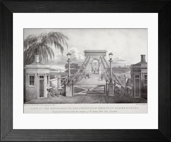 Framed Print : View of the entrance to the suspension bridge at Hammersmith... London, 1827 Framed Print : View of the entrance to the suspension bridge at Hammersmith... London, 1827