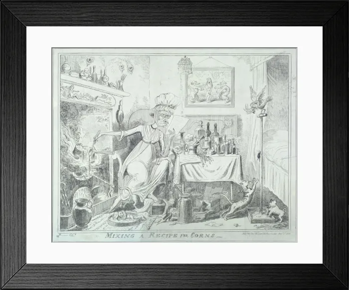 Framed Print : Mixing a recipe for corns, 1835. Artist: George Cruikshank Framed Print : Mixing a recipe for corns, 1835. Artist: George Cruikshank