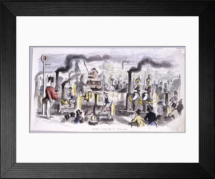 Framed Print : View of Hyde Park that satirises the advent of the steam locomotive, London, c1850 Framed Print : View of Hyde Park that satirises the advent of the steam locomotive, London, c1850