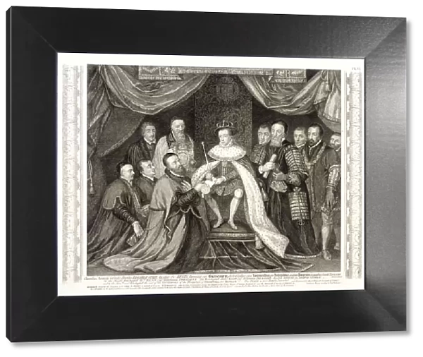 King Edward VI signing a charter, 1552, (1750). Artist: George Vertue