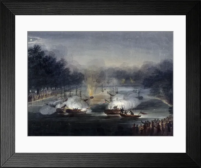 Framed Print : View of a sham fight on the Serpentine, Hyde Park, London, 1814. Artist: Charles Calvert Framed Print : View of a sham fight on the Serpentine, Hyde Park, London, 1814. Artist: Charles Calvert