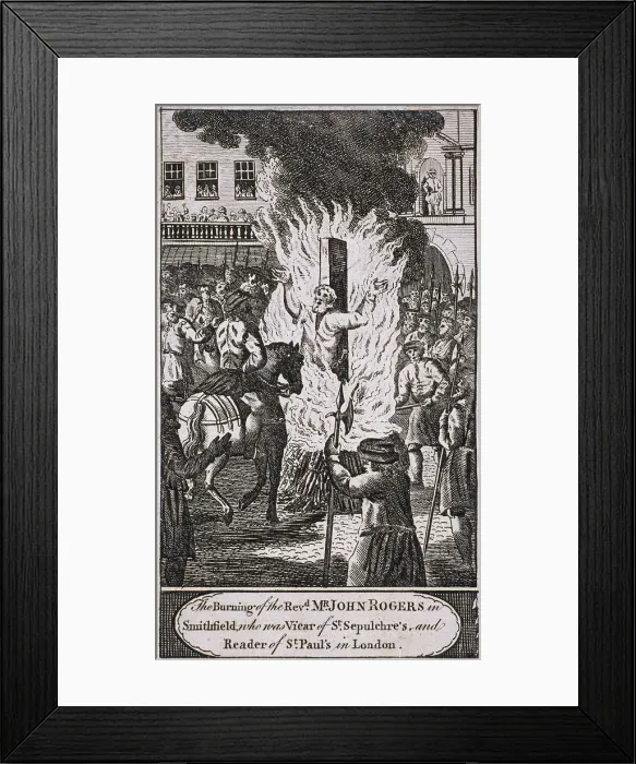 Framed Print : The execution of Reverend John Rogers at Smithfield, 1555, (c1720) Framed Print : The execution of Reverend John Rogers at Smithfield, 1555, (c1720)
