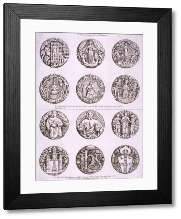 Framed Print : Six bosses on the vaulting of the undercroft and cloisters of St Stephens Chapel, 1790 Framed Print : Six bosses on the vaulting of the undercroft and cloisters of St Stephens Chapel, 1790