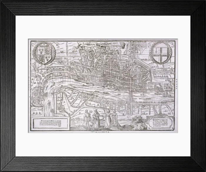 Framed Print : Map of the City of London and City of Westminster with four figures in the foreground, (c1572?) Framed Print : Map of the City of London and City of Westminster with four figures in the foreground, (c1572?)