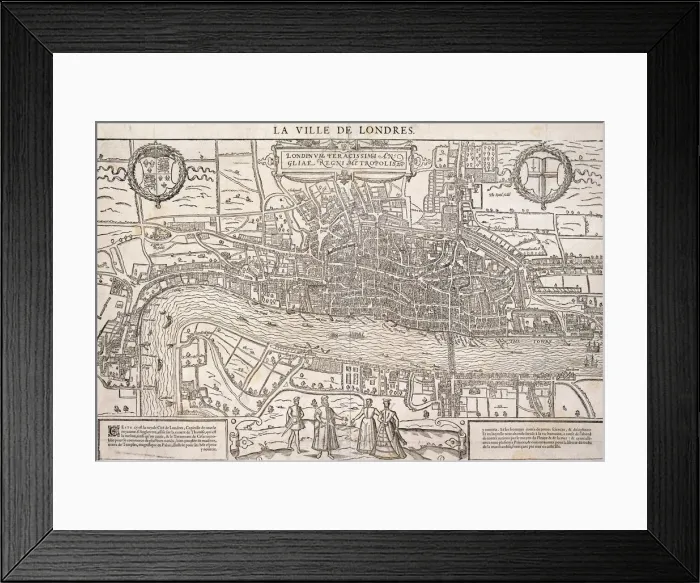 Framed Print : Map of the City of London and City of Westminster with four figures in the foreground, (c1572?) Framed Print : Map of the City of London and City of Westminster with four figures in the foreground, (c1572?)