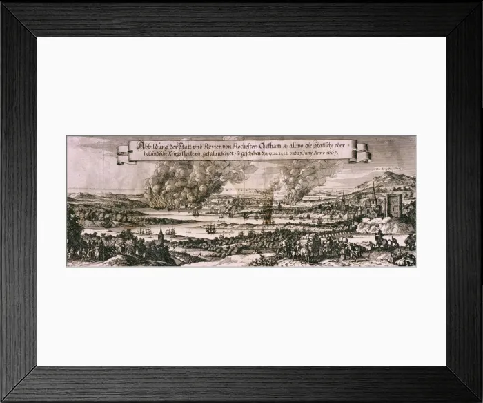 Framed Print : Dutch fleet sailing up the Medway River to bombard Chatham and Rochester in 1667, c1667 Framed Print : Dutch fleet sailing up the Medway River to bombard Chatham and Rochester in 1667, c1667